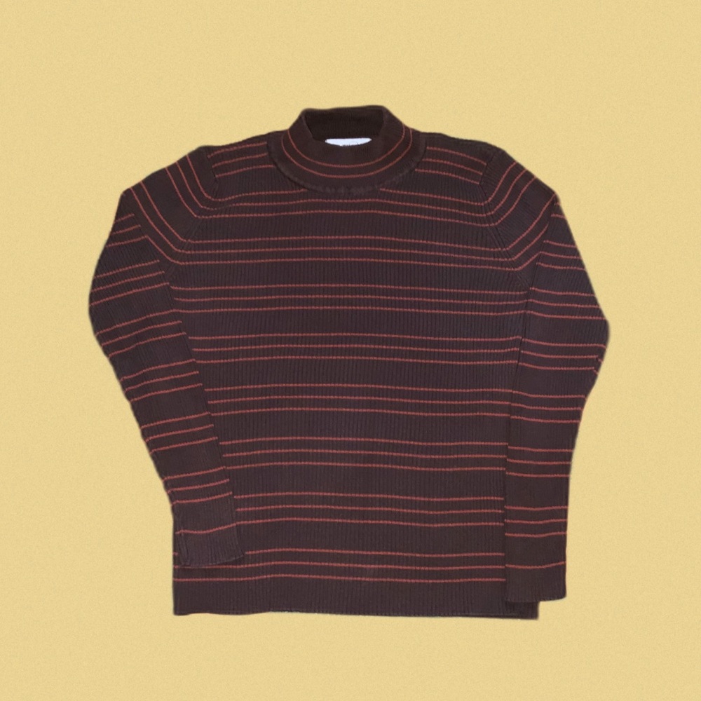 vintage mock‎ neck brown orange striped 100% cotton 70s colours